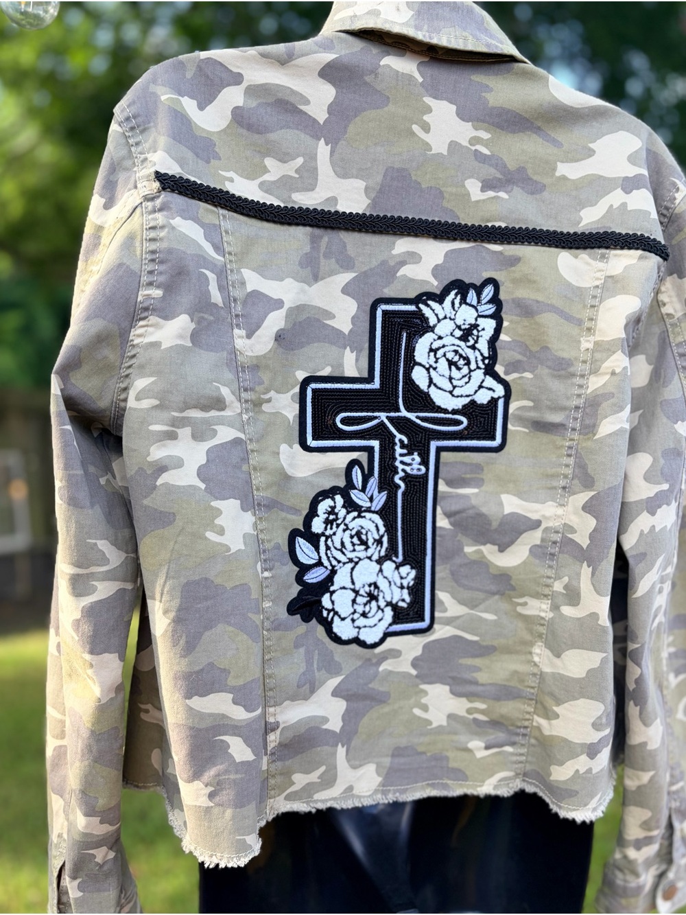 Camo Jacket with Black & White Floral Cross Patch